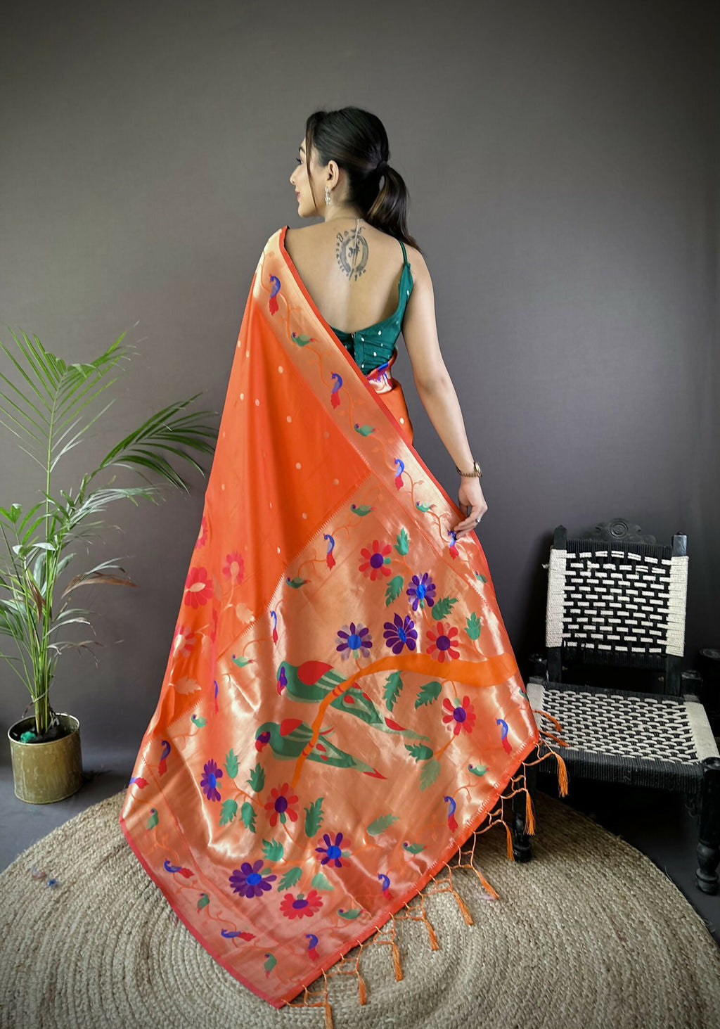 Orange Zari Woven Floral Soft Silk Paithani Saree with Blouse