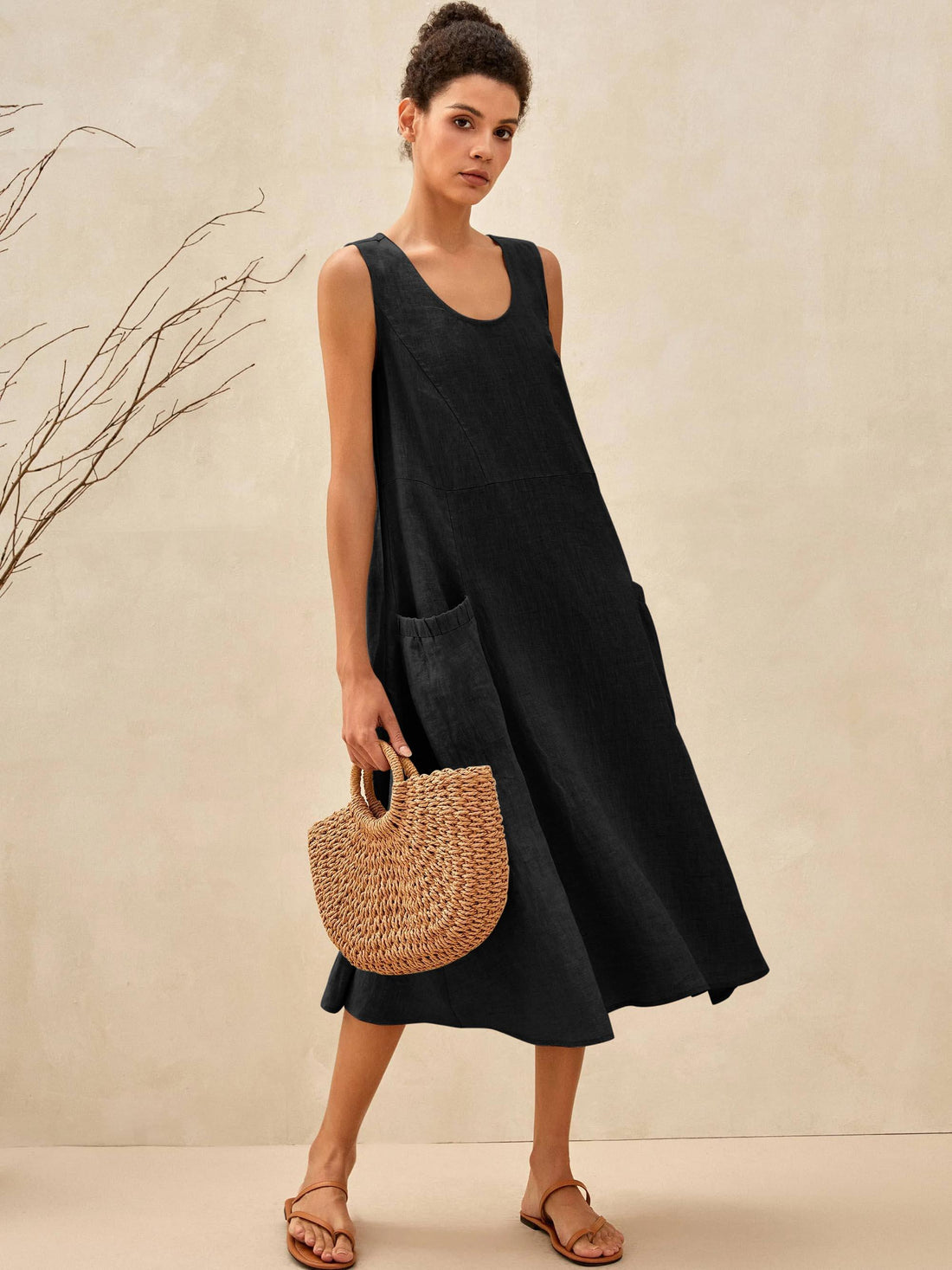 100% Linen Scoop Neck Swing Beach Maxi Dress - Sleeveless