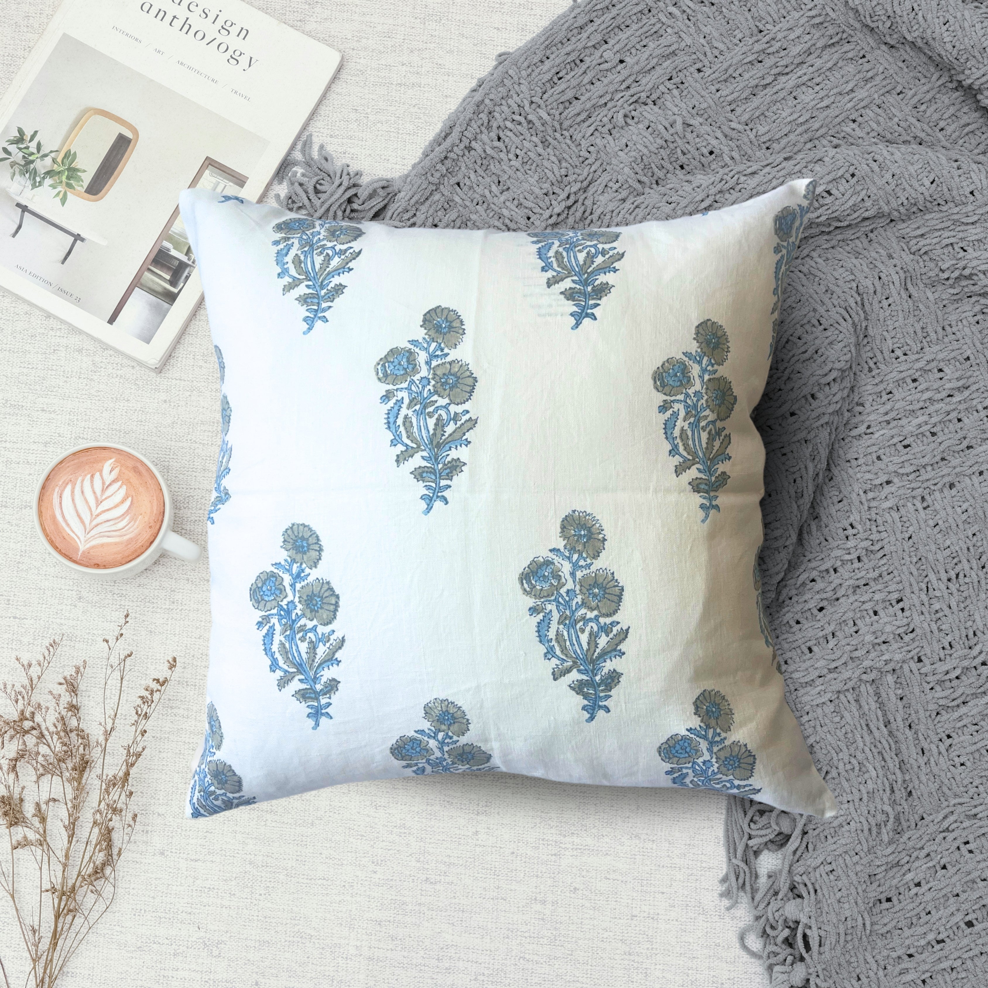 Firozi Floral Throw Pillow Cover in Blue Bohemian Cotton