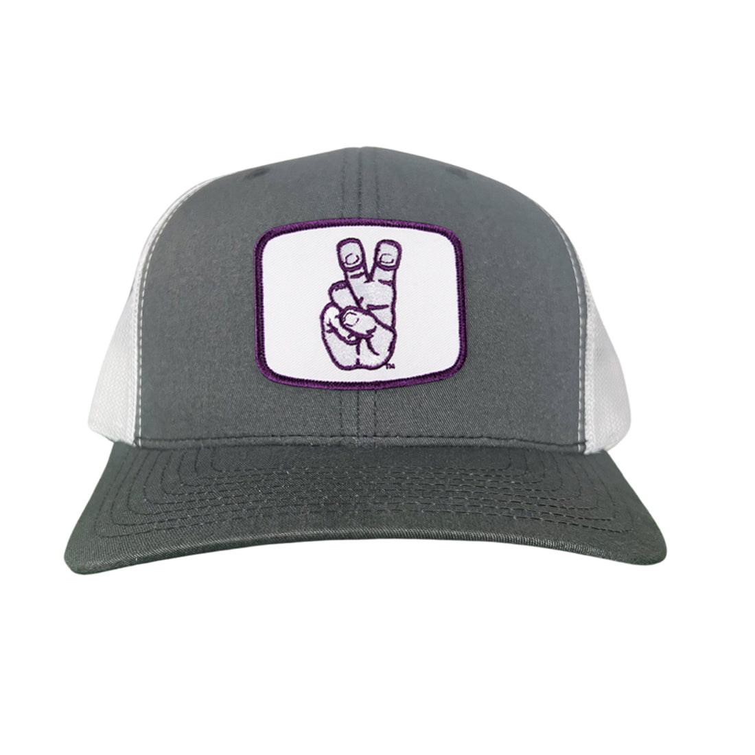 TCU Horned Frogs square patch mesh snapback hat with curved bill in navy and white.
