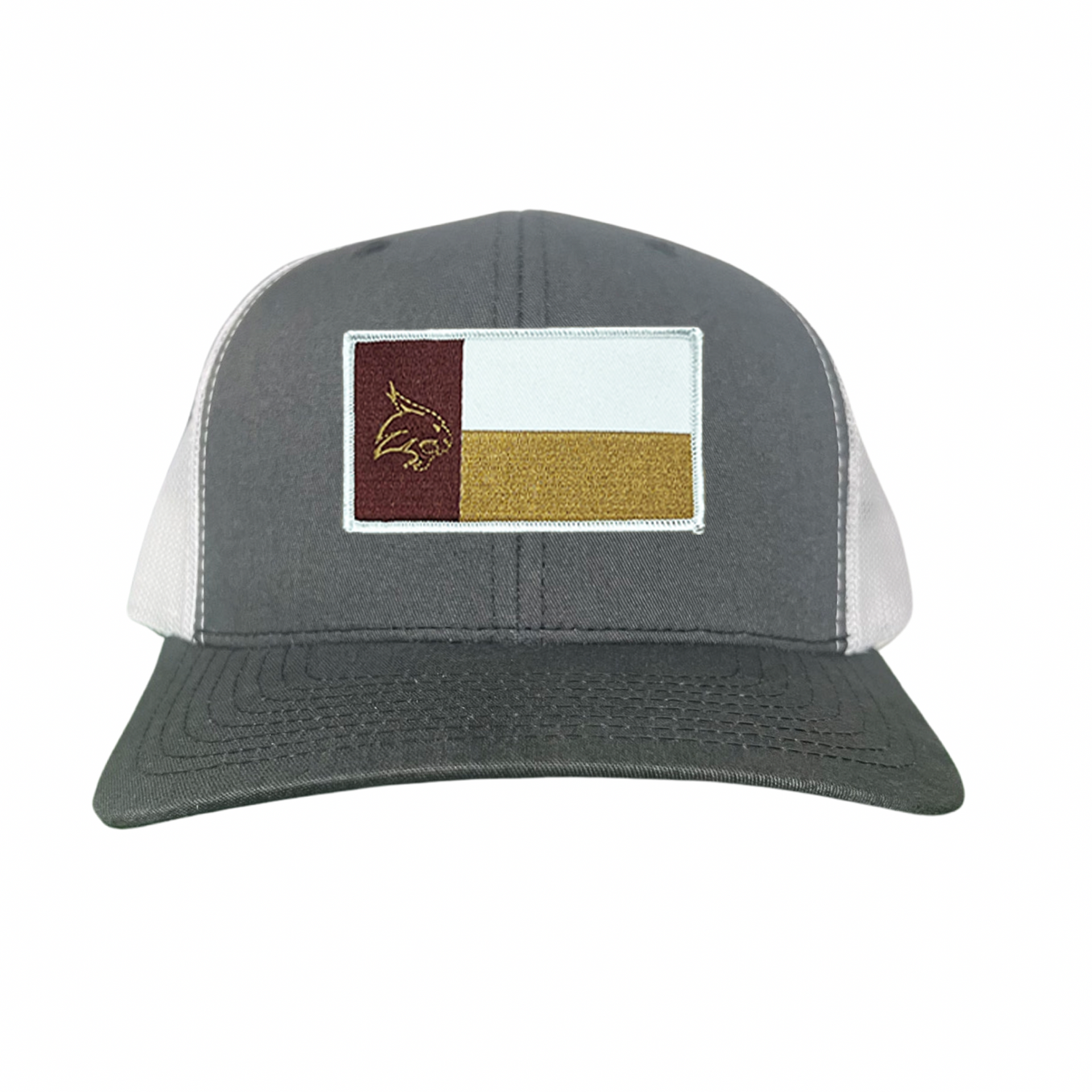 Texas State Bobcats university flag patch hat in maroon and gold