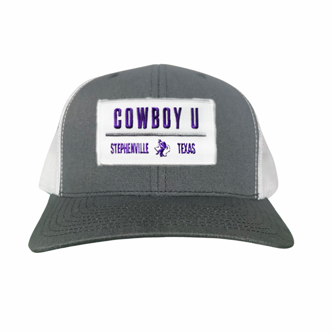 Tarleton State University Cowboy U patch hat in grey, white, and purple.