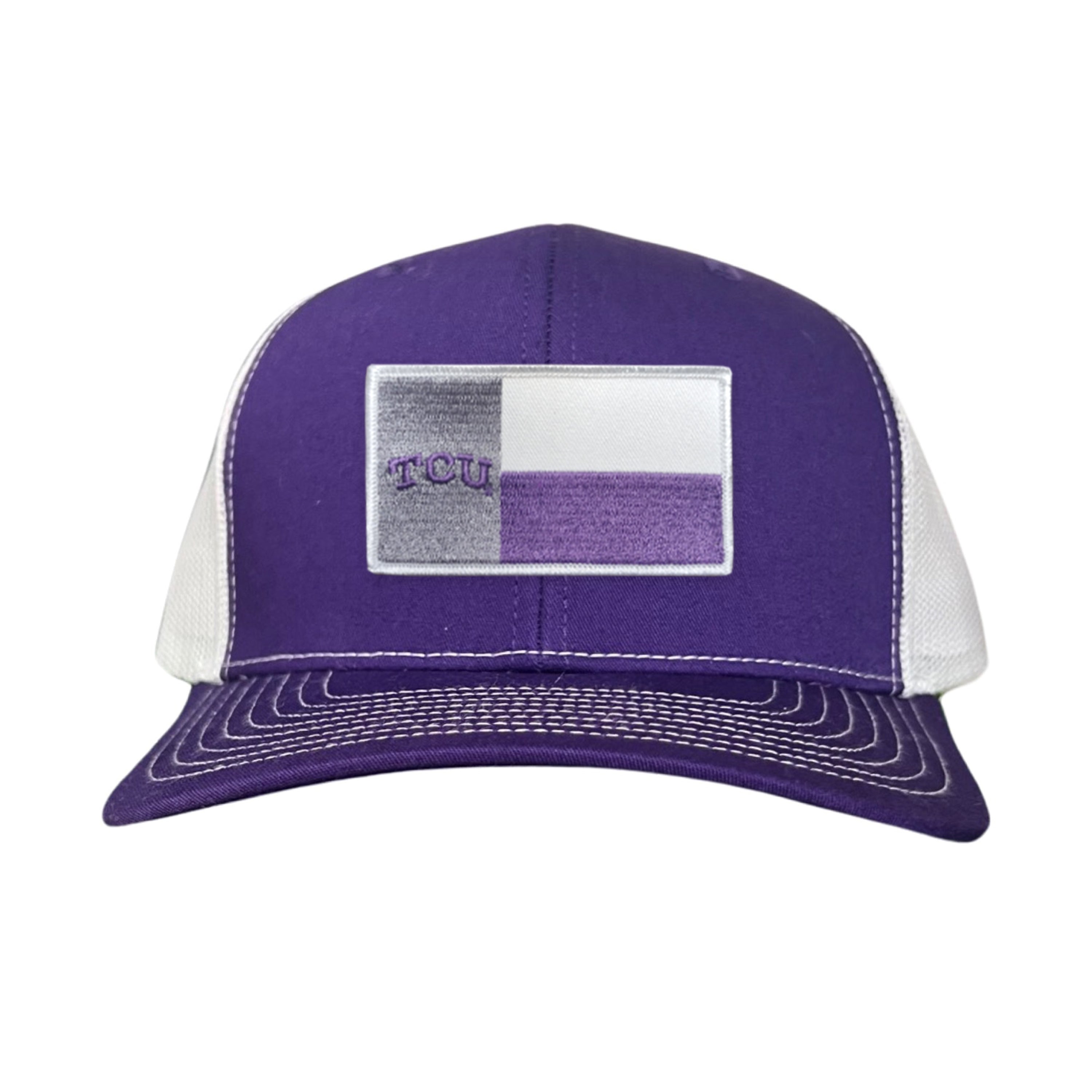 Purple and white TCU hat featuring a rectangular state flag patch on the front.