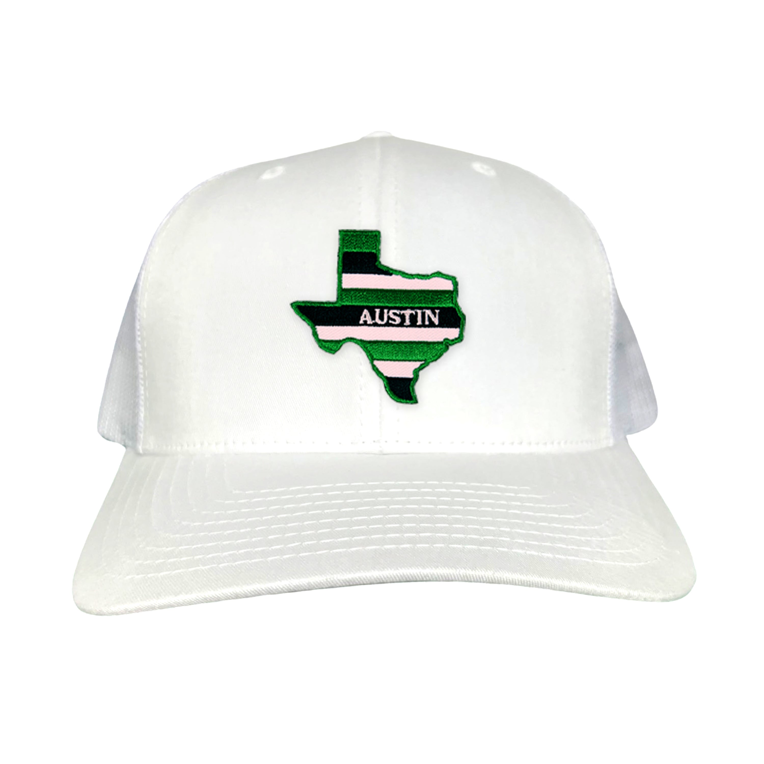 Austin State of Texas Legion hat in white, green, pink, and black.
