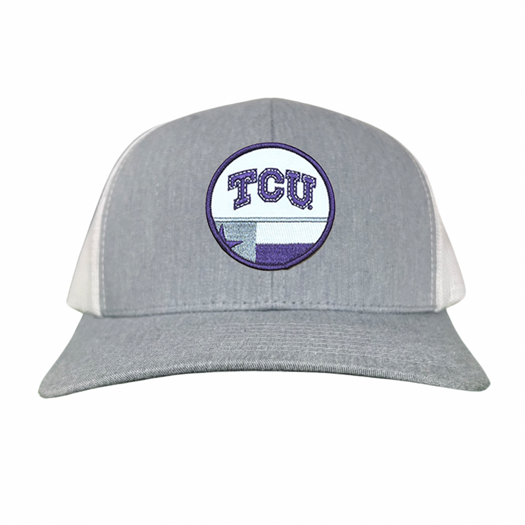 TCU university logo paired with a Texas state flag patch on a baseball hat