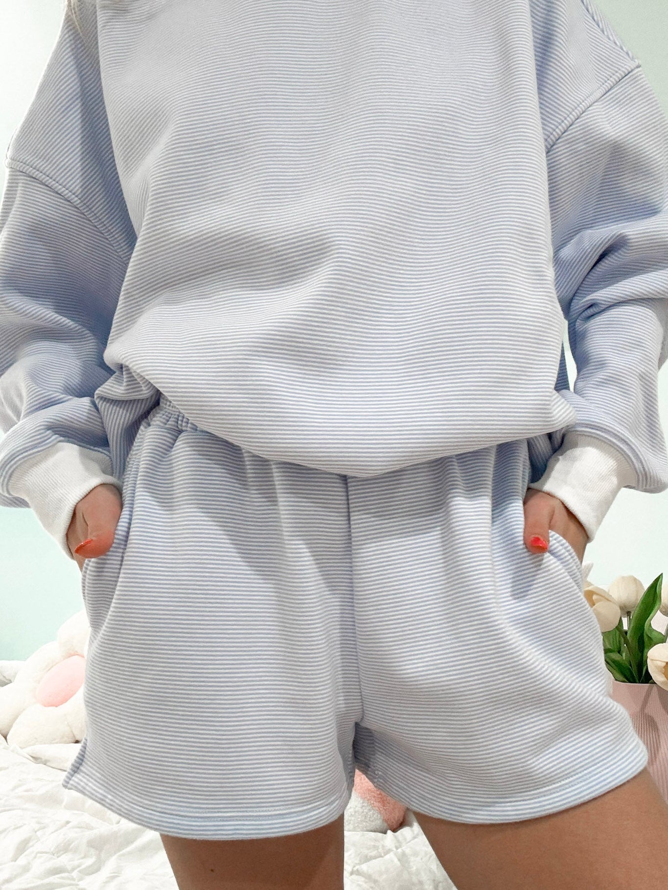 Blue and White Mini Striped Shorts Unisex Casual Summer Wear