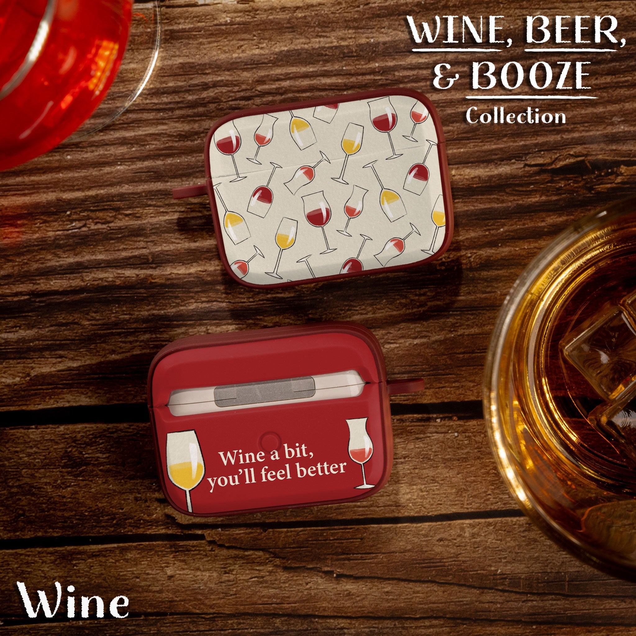 Wine, Beer & Booze AirPods Pro 1 & 2 Protective Case with Carabiner