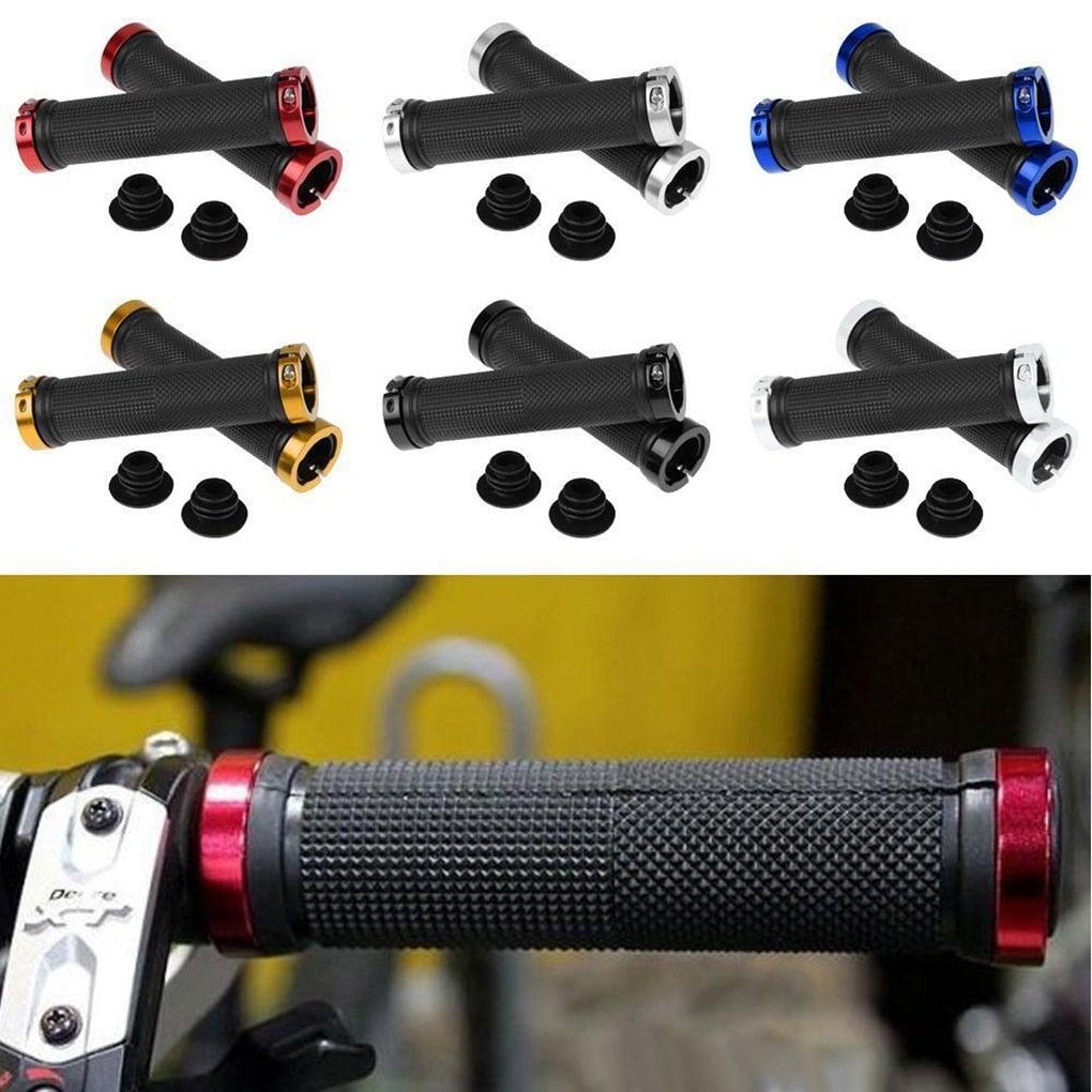 A pair of ergonomic anti-skid rubber bike handlebar grips with aluminum lock-on rings.