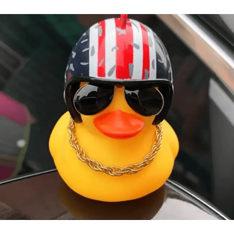 A unique yellow duck car interior decoration with a stretchable silicone strap