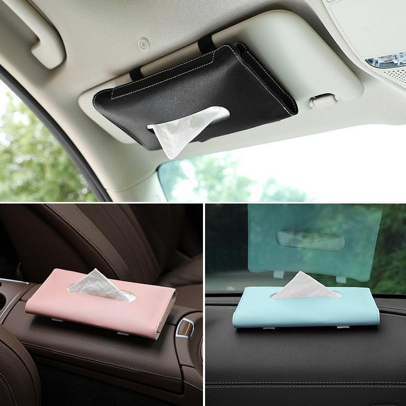 Luxury PU leather car tissue holder mounted on a vehicle sun visor