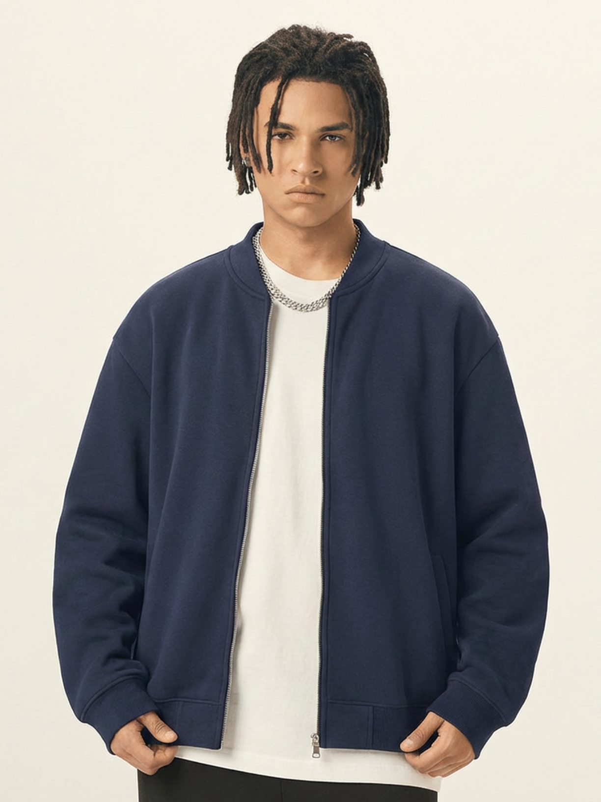Apollo Navy Fleece Zip-Up Baseball Jacket with full front zipper and minimalist design