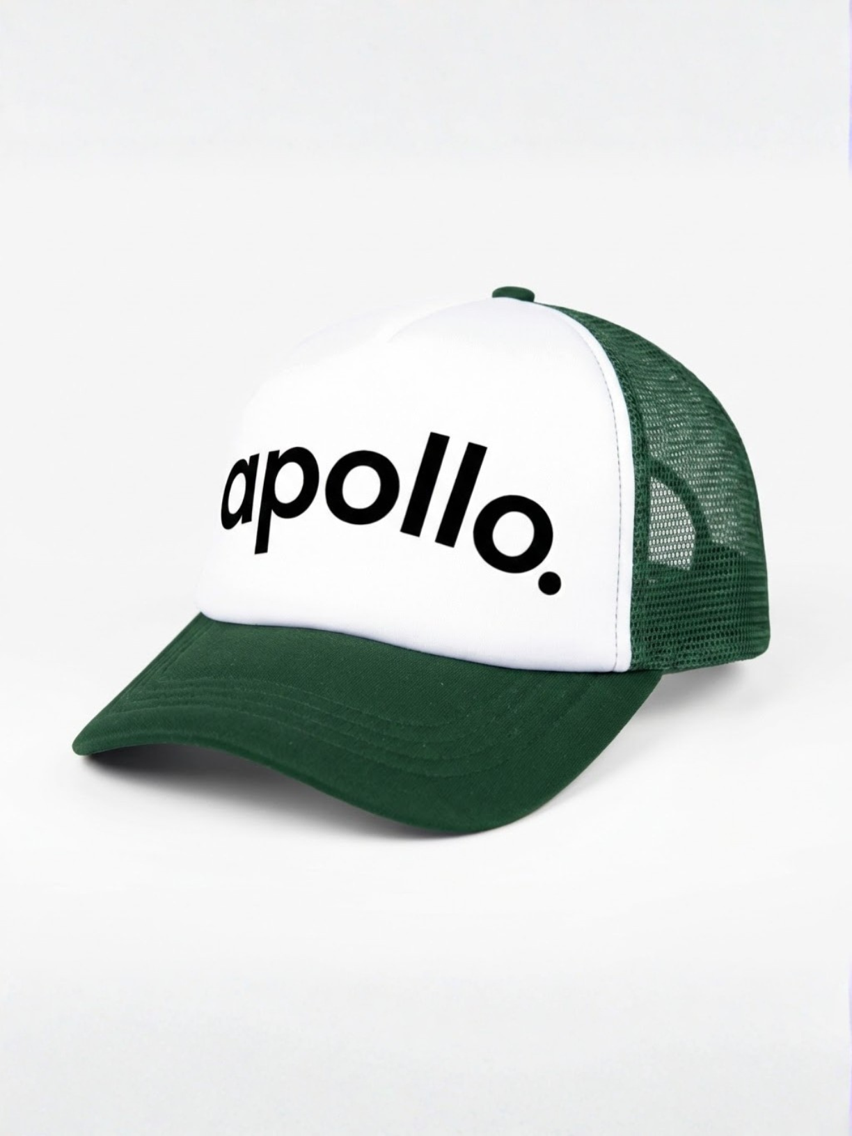 White and forest-green colorblock trucker hat with breathable mesh back