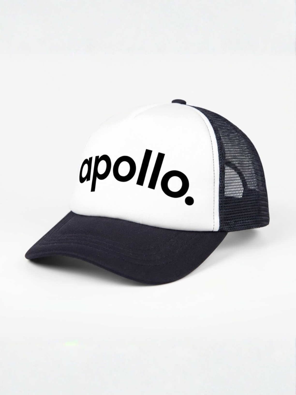 White and navy-blue colorblock trucker hat with mesh panel and snap-back