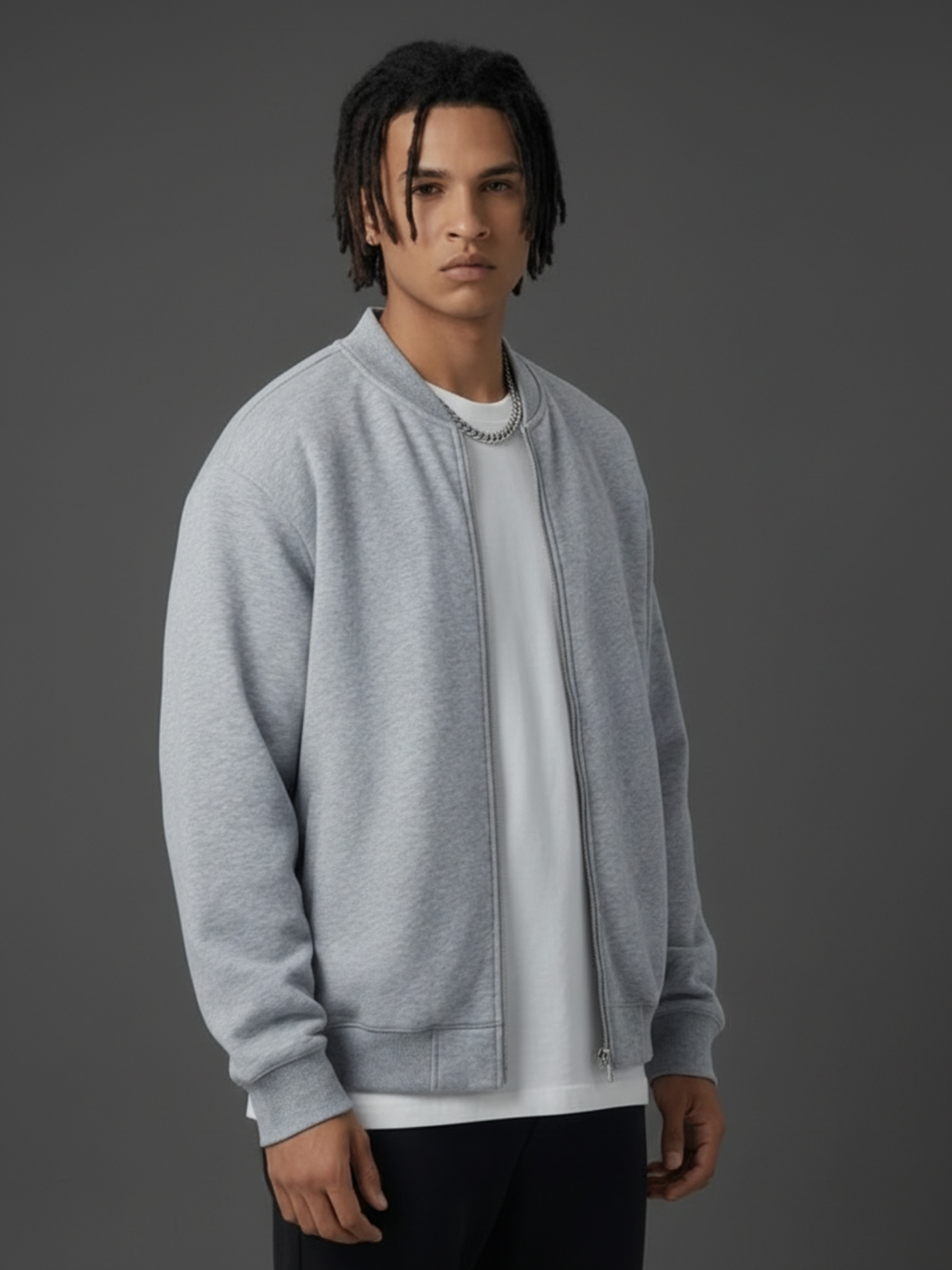 Apollo Grey Fleece Zip-Up Baseball Jacket featuring a minimalist design and heavy cotton blend fabric