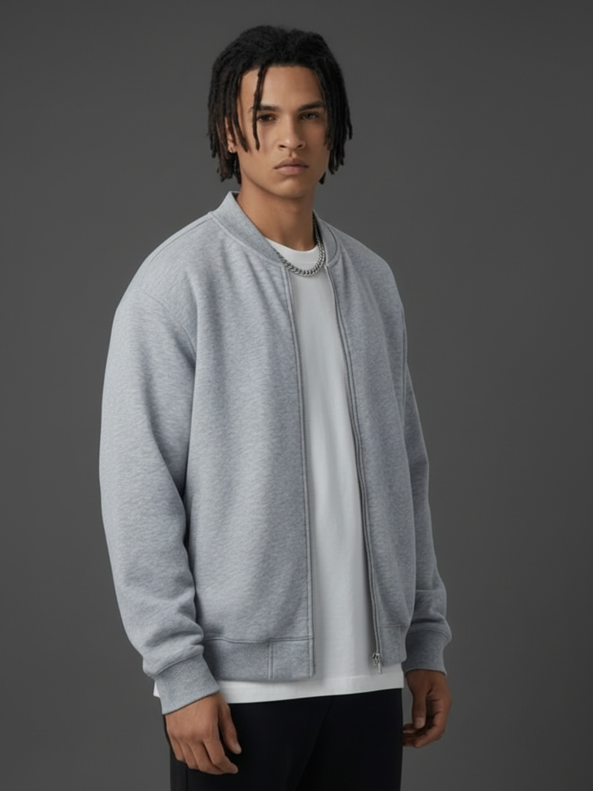 Apollo Grey Fleece Zip-Up Baseball Jacket featuring a minimalist design and heavy cotton blend fabric