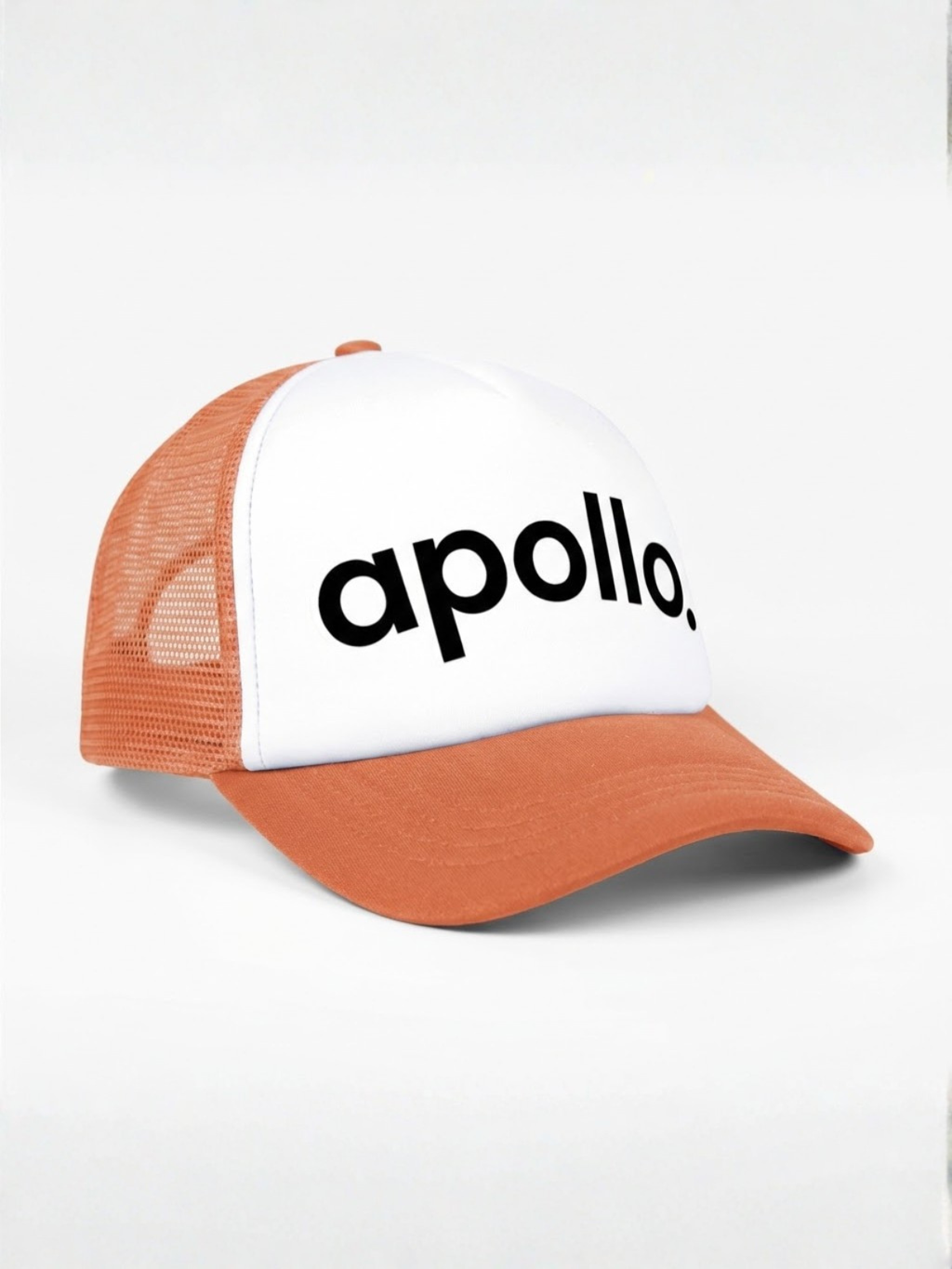 Orange and white colorblock trucker hat with mesh back and snap closure
