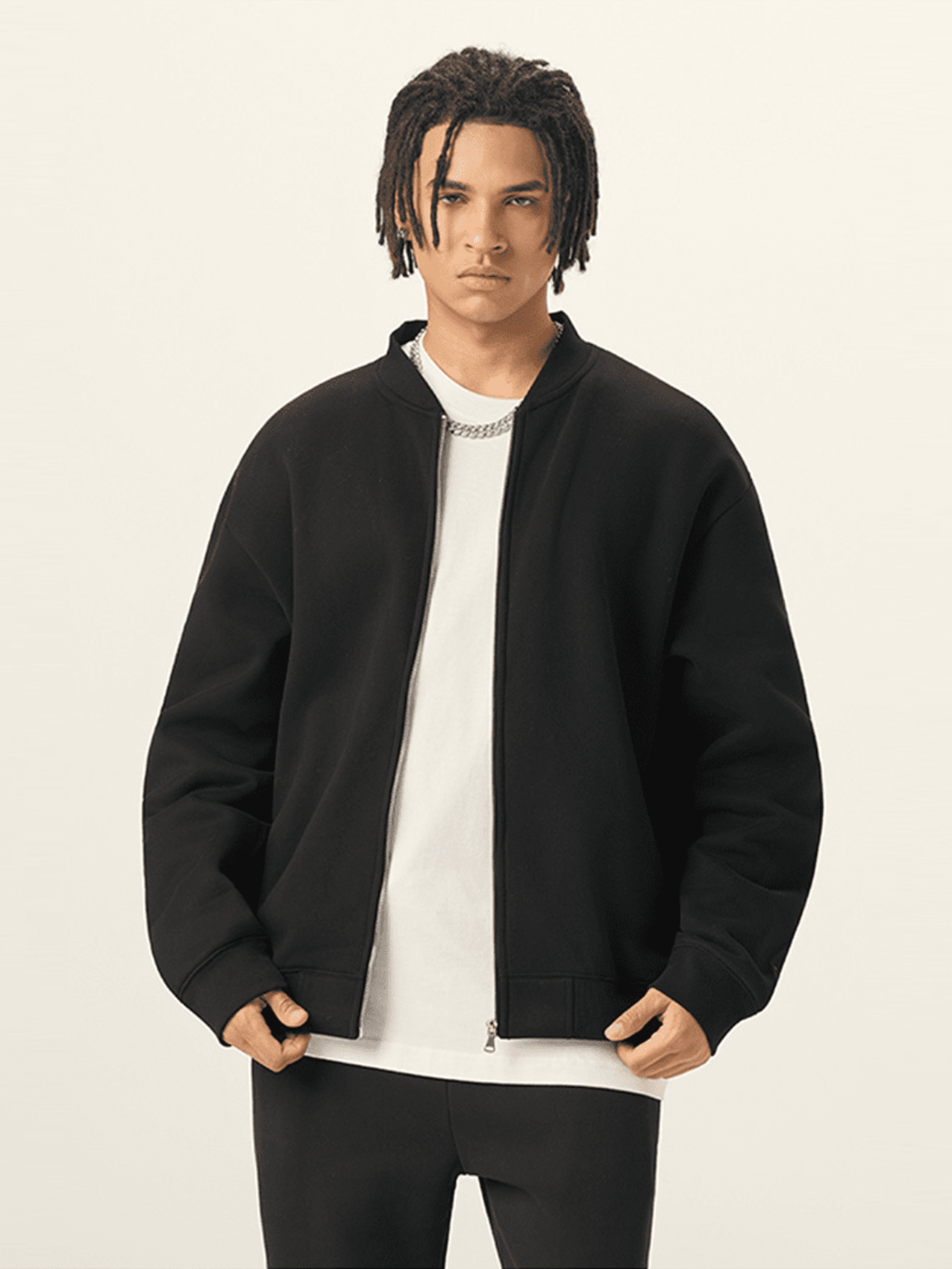 Apollo Black Fleece Zip-Up Baseball Jacket showing clean lines and high-quality cotton blend material