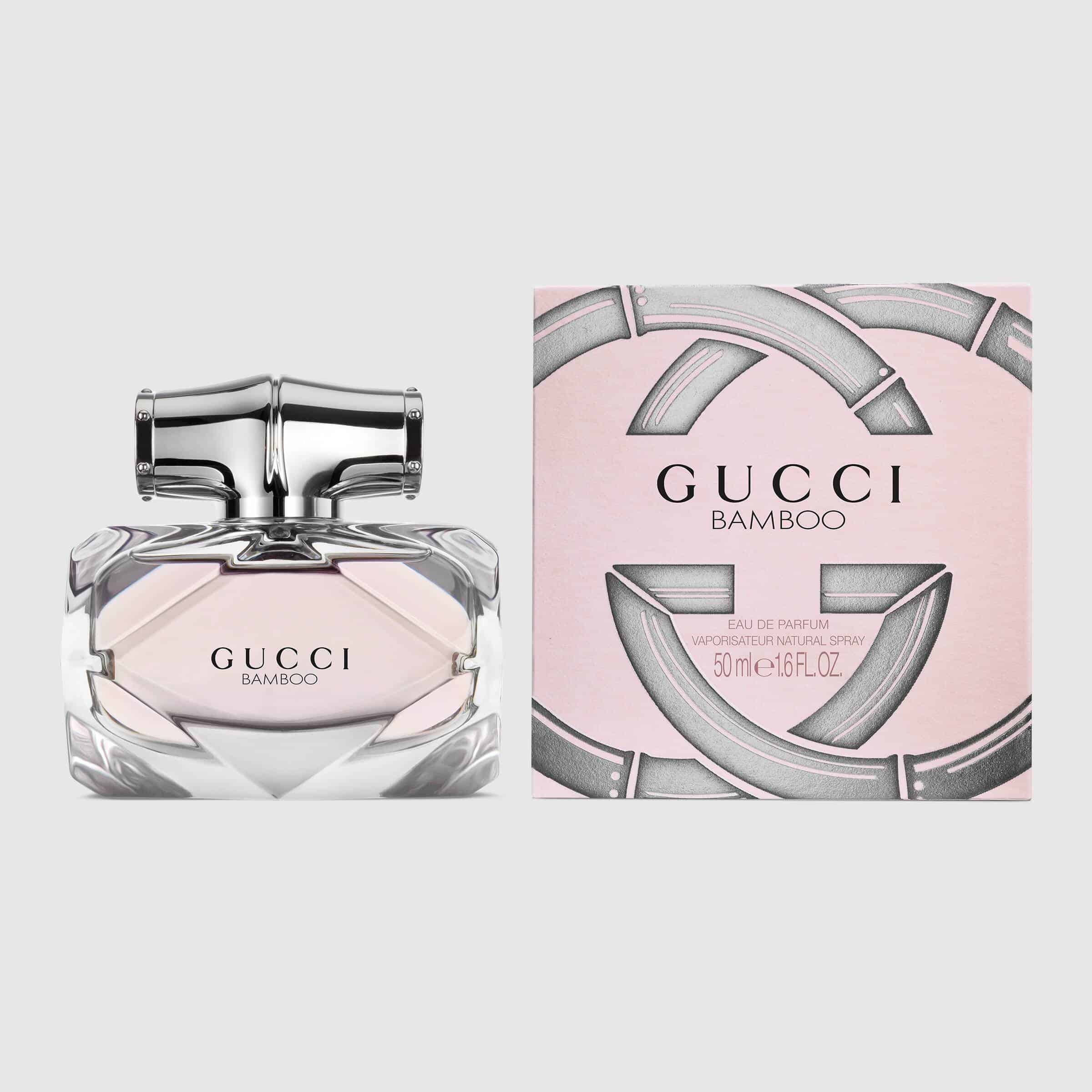A clear glass bottle of Bamboo Eau de Parfum for women with a silver cap.