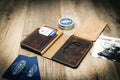Federal Badge Wallet in Walnut leather, showcasing its rugged design and detailed stitching.