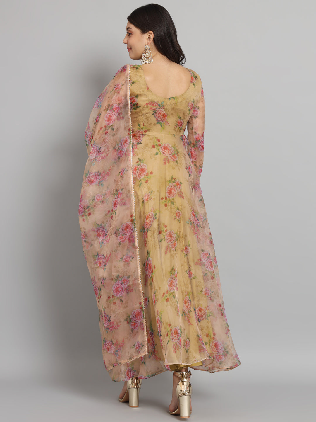 Pink Floral Golden Organza Anarkali Set for Festive Wear