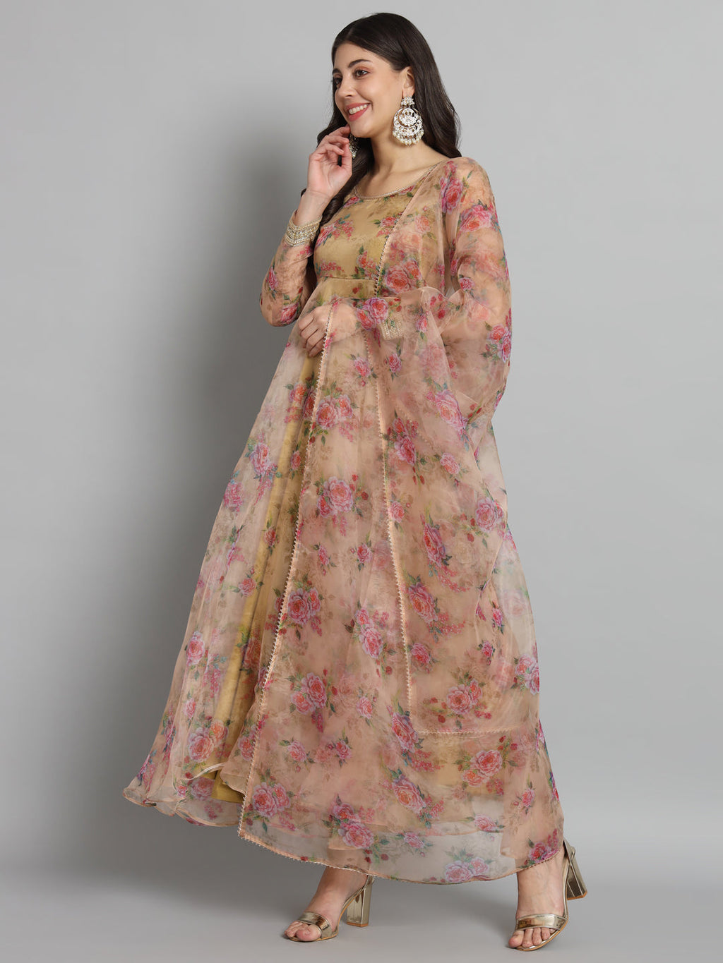 Pink Floral Golden Organza Anarkali Set for Festive Wear
