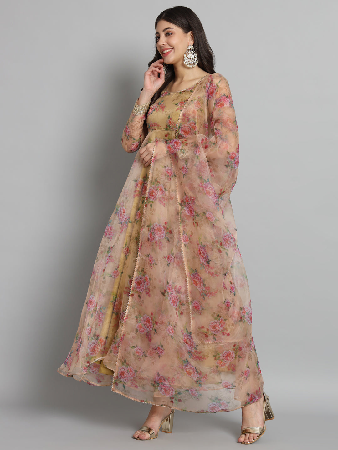 Pink Floral Golden Organza Anarkali Set for Festive Wear