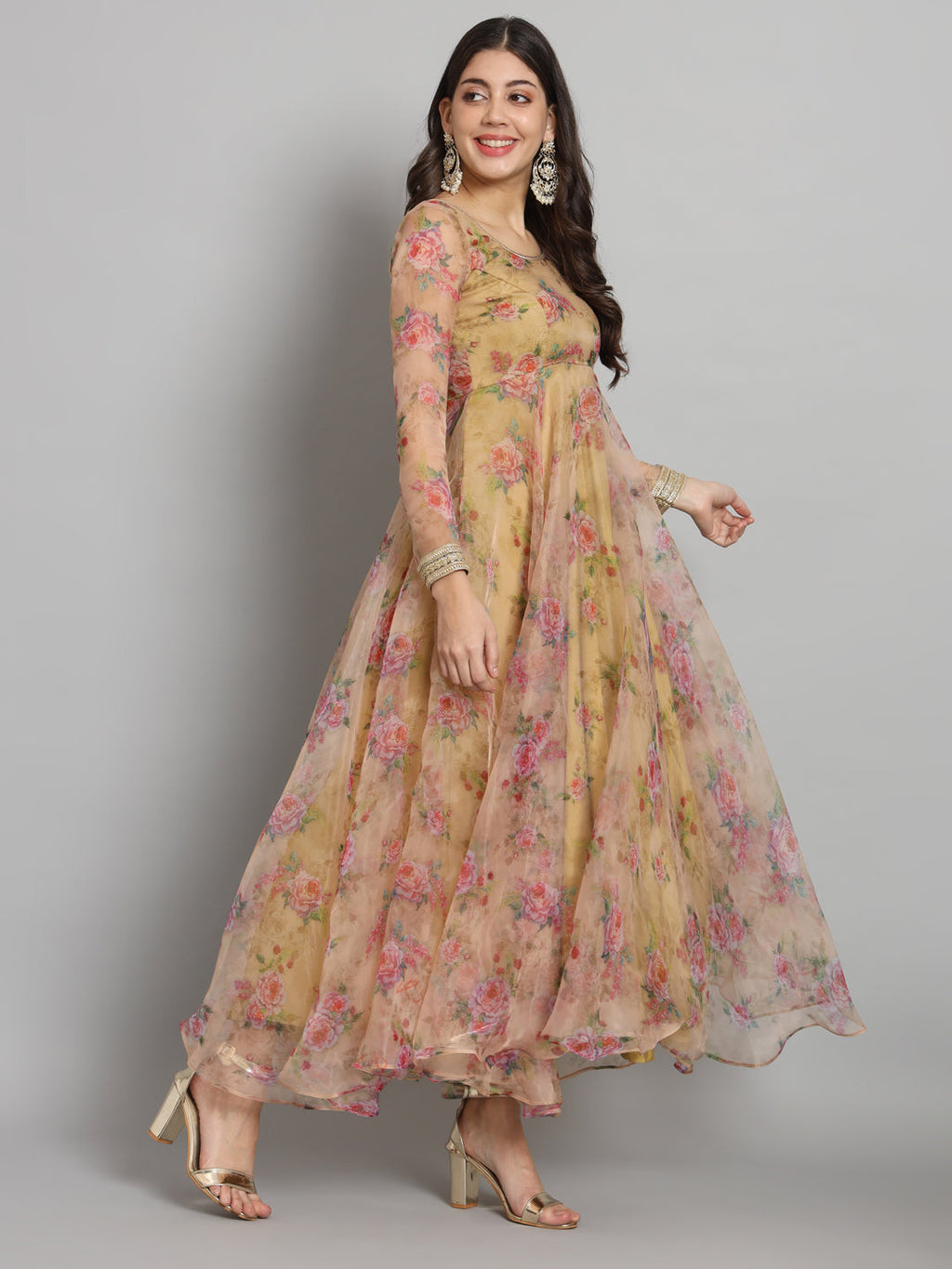 Pink Floral Golden Organza Anarkali Set for Festive Wear
