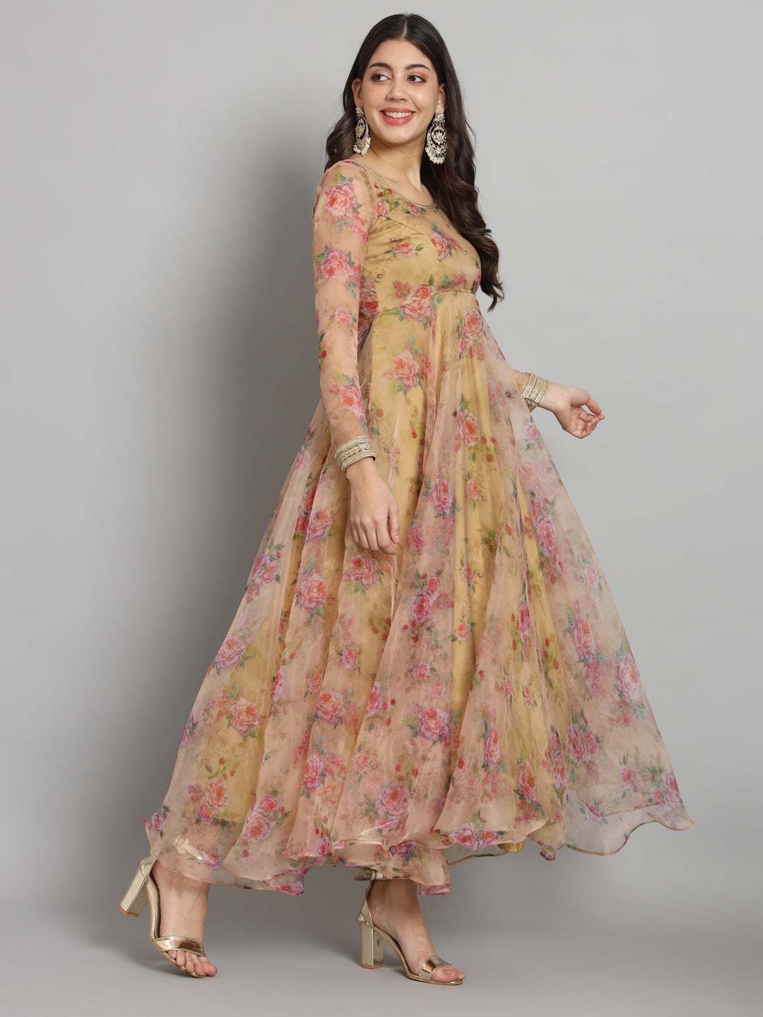 Pink Floral Golden Organza Anarkali Set for Festive Wear