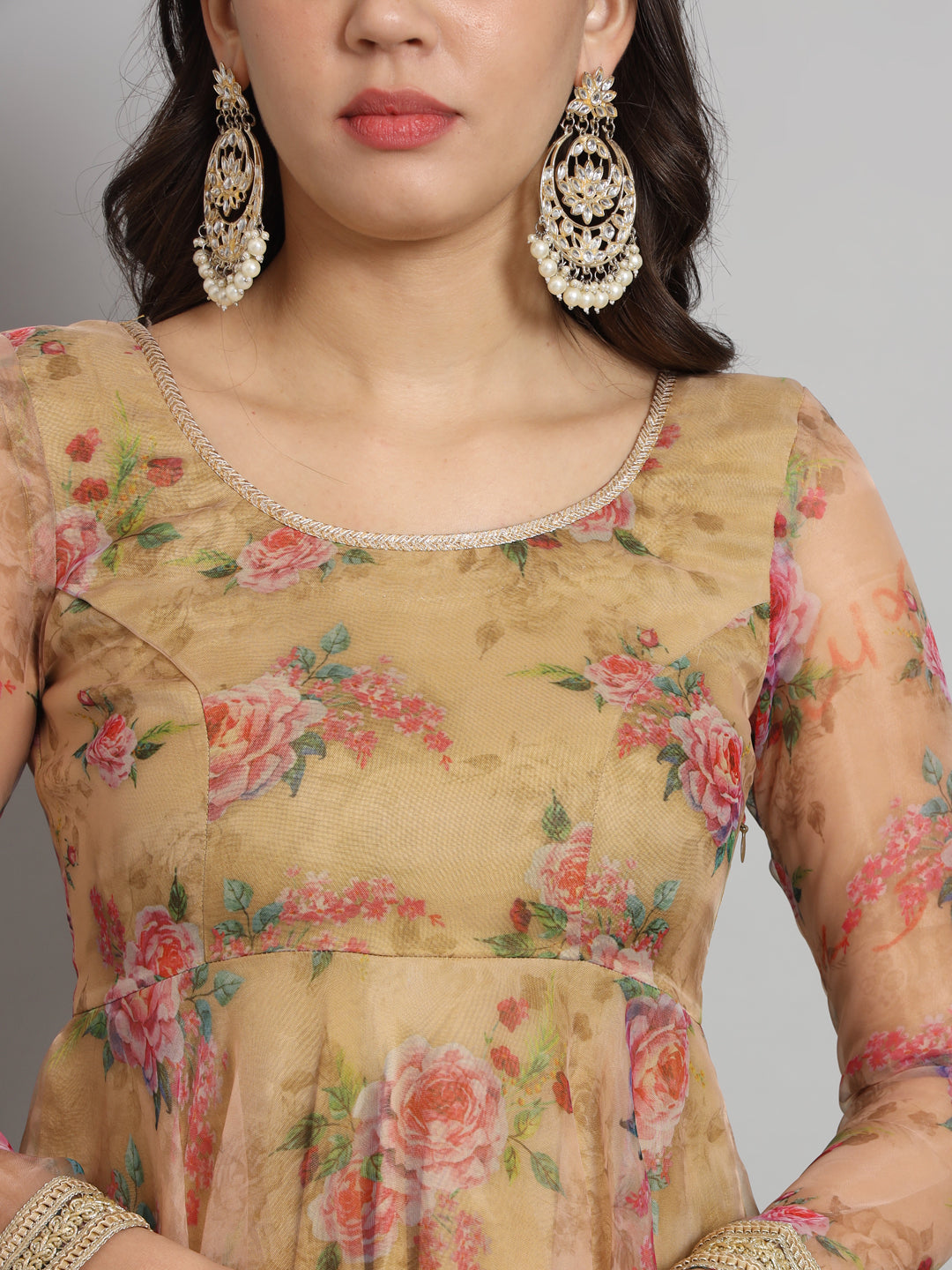 Pink Floral Golden Organza Anarkali Set for Festive Wear