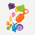 Colorful 10-piece set of plastic beach and sand toys including buckets, shovels, and molds.