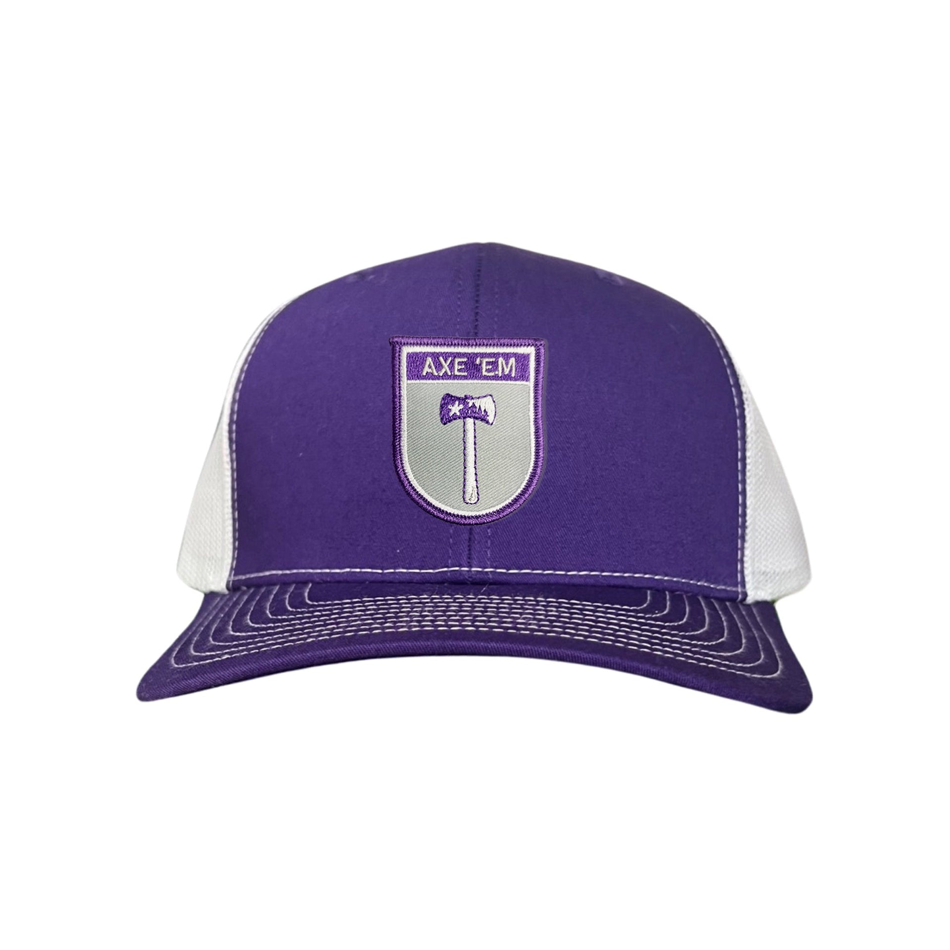 SFA Lumberjacks Axe'em Shield patch on a curved bill mesh snapback hat.