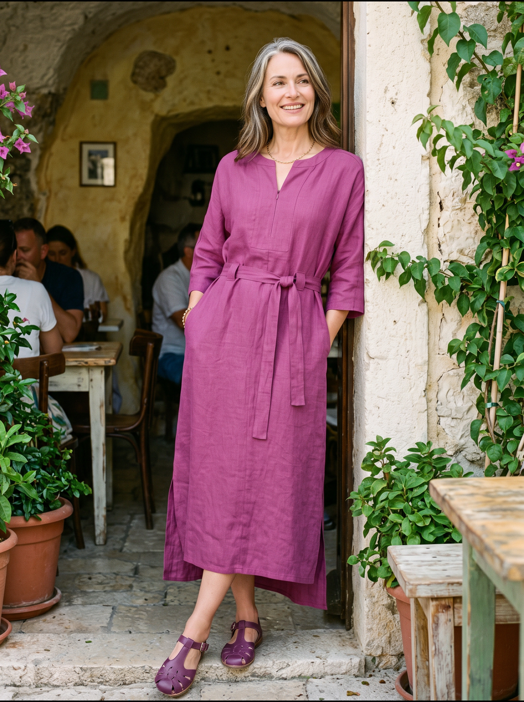 100% Linen Side Tie Cocoon Midi Dress SOLENE