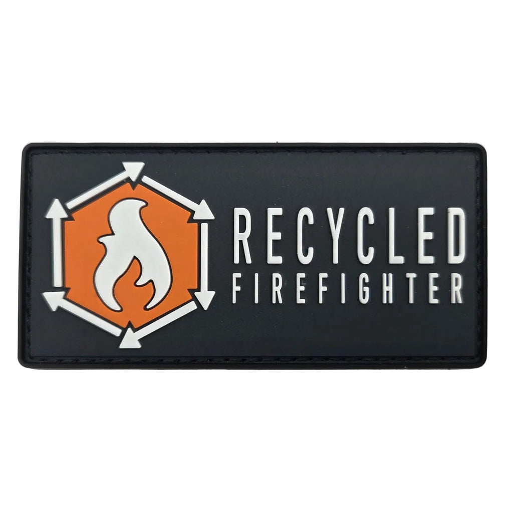 Tactical 4x2 inch rubber Velcro patch with red flame logo on charcoal PVC background