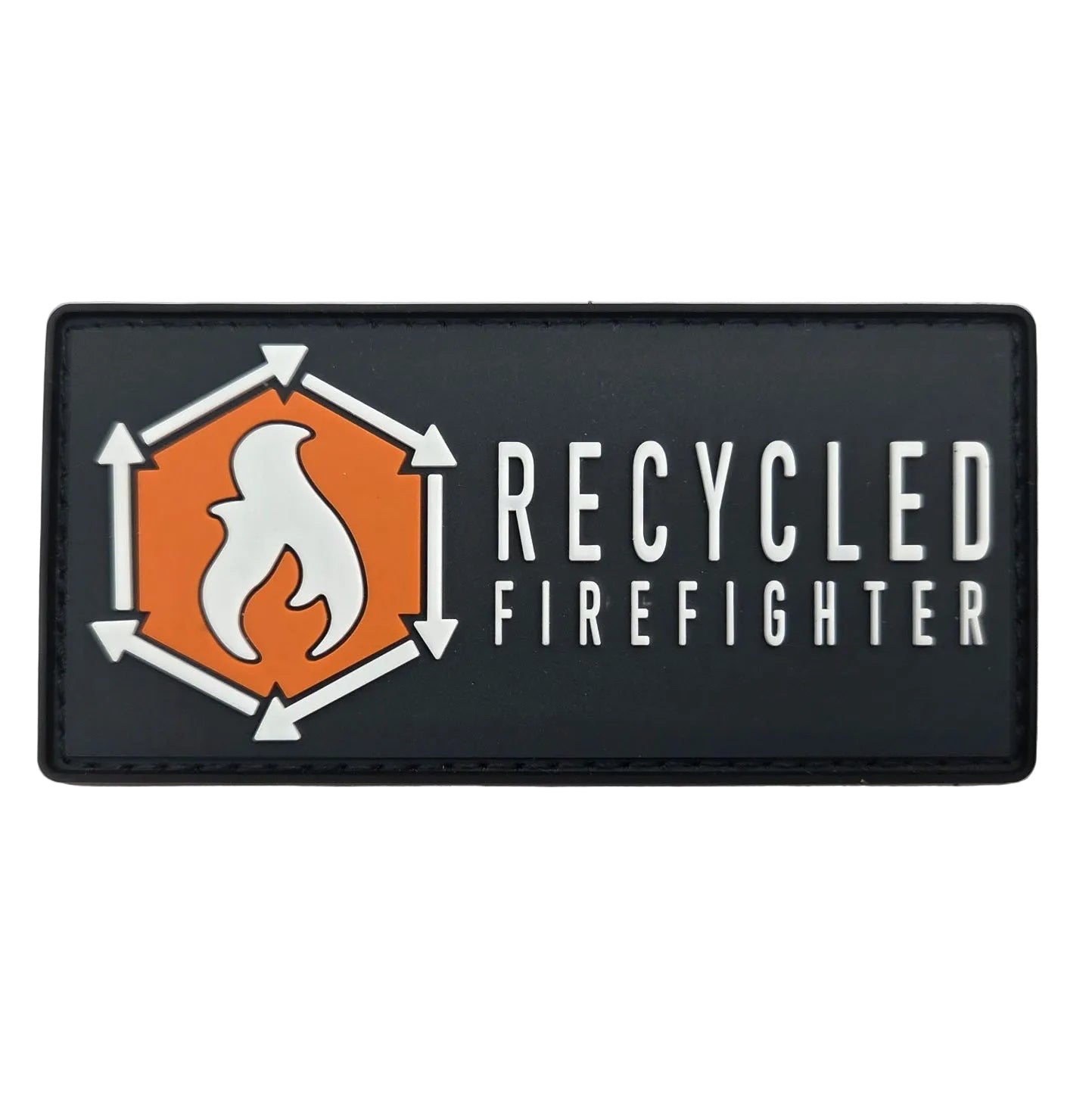 Tactical 4x2 inch rubber Velcro patch with red flame logo on charcoal PVC background
