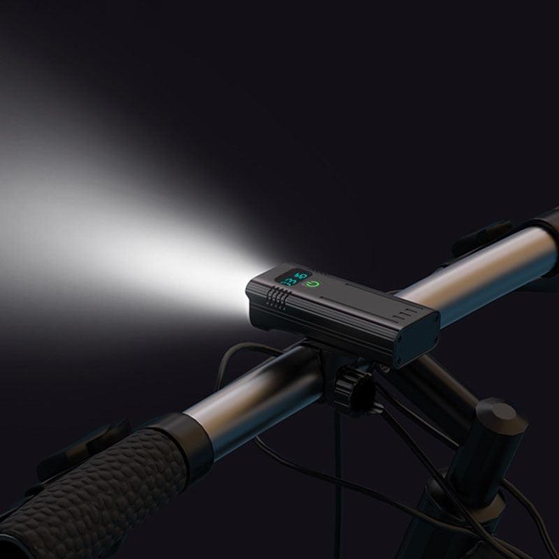 Stevvex 8 LED rechargeable bicycle headlight mounted on a bike handle for night safety.