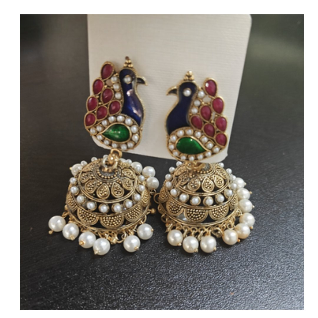 Close-up of Traditional Peacock Design Multi Color Jhumka earrings for children in golden tone