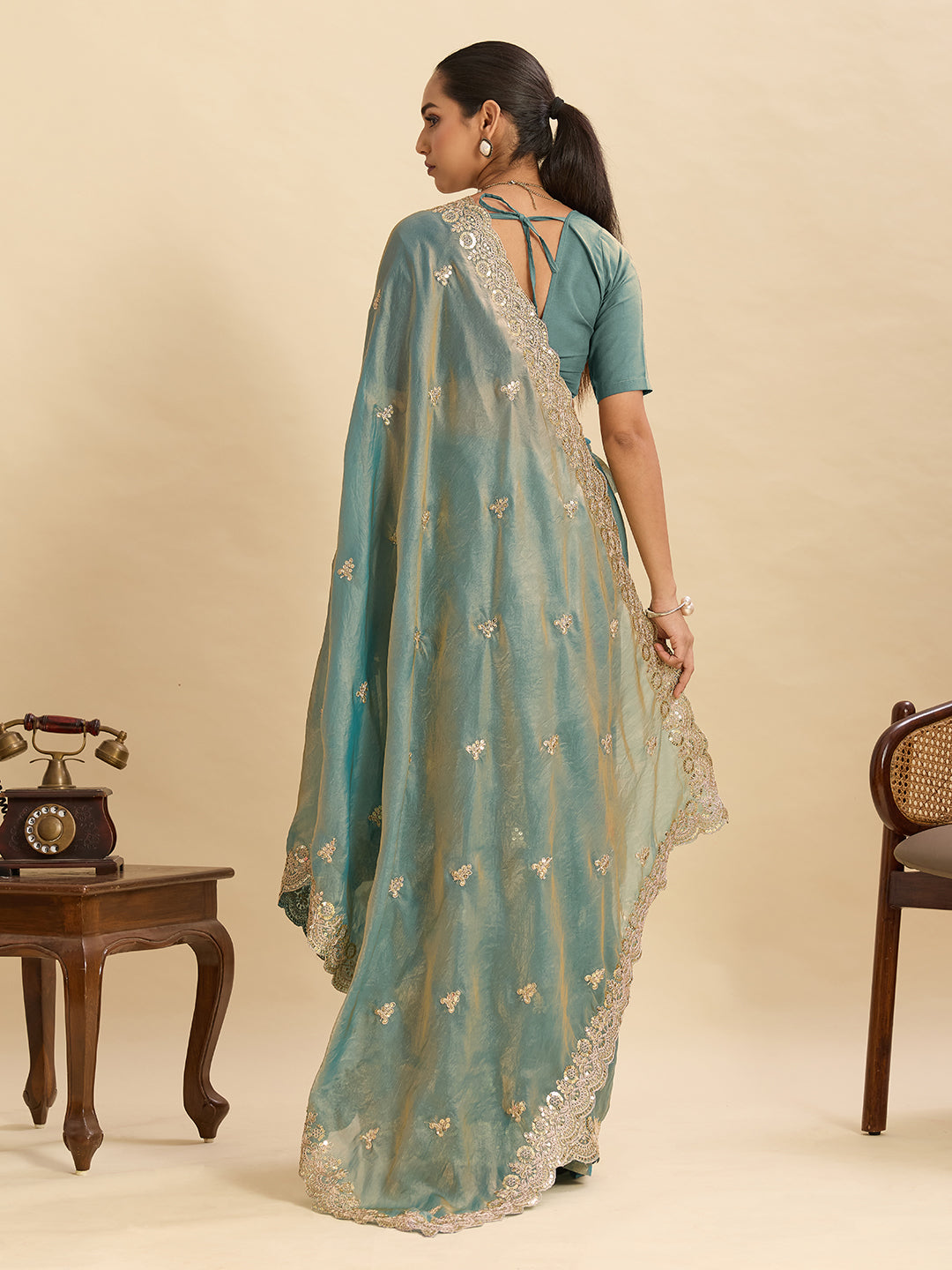 Seagreen Fendy Satin Saree with Embroidery and Double Sequence