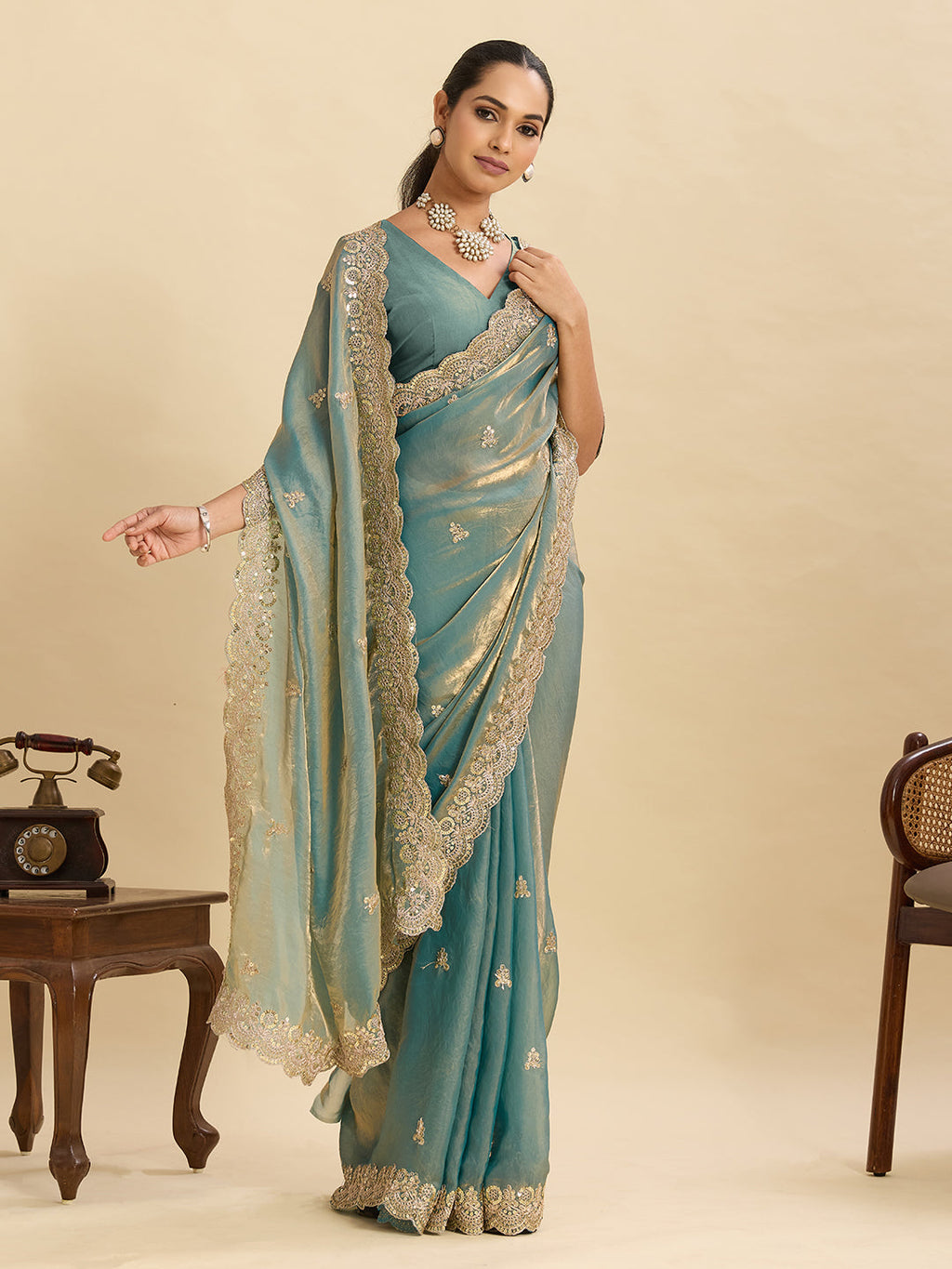 Seagreen Fendy Satin Saree with Embroidery and Double Sequence