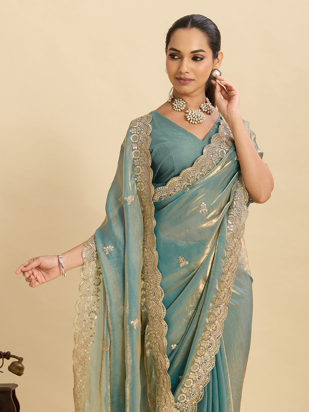 Seagreen Fendy Satin Saree with Embroidery and Double Sequence