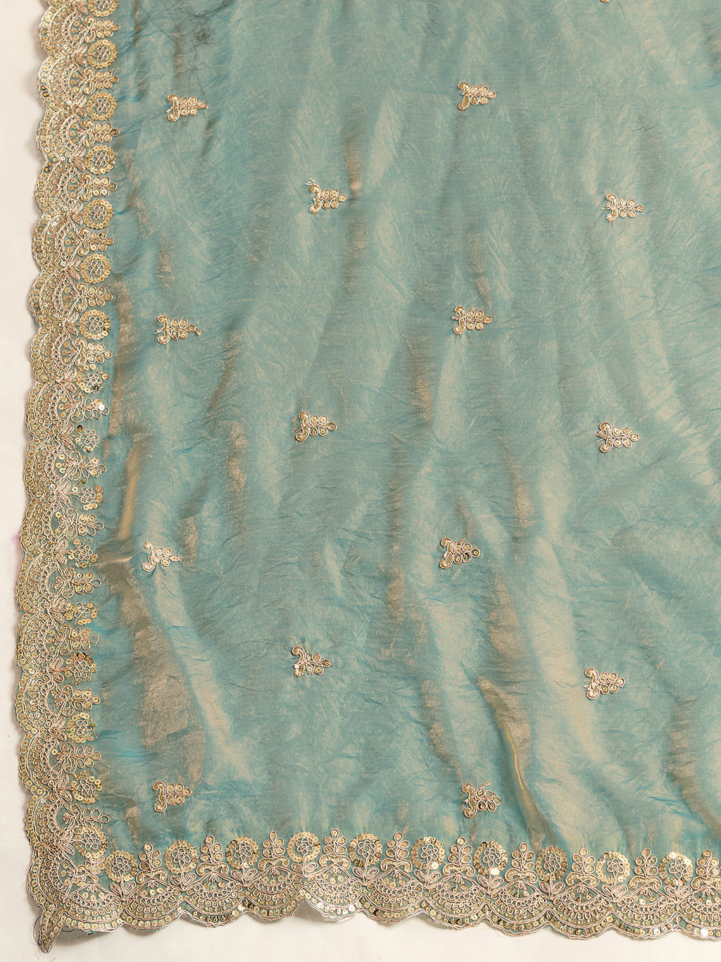 Seagreen Fendy Satin Saree with Embroidery and Double Sequence