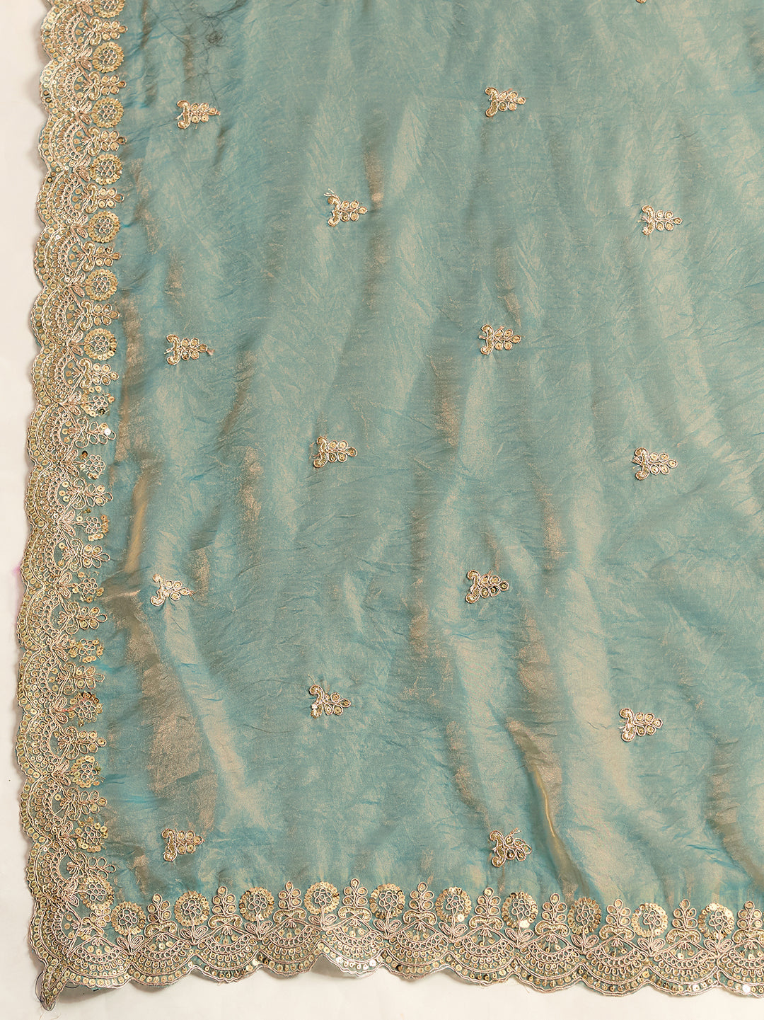 Seagreen Fendy Satin Saree with Embroidery and Double Sequence
