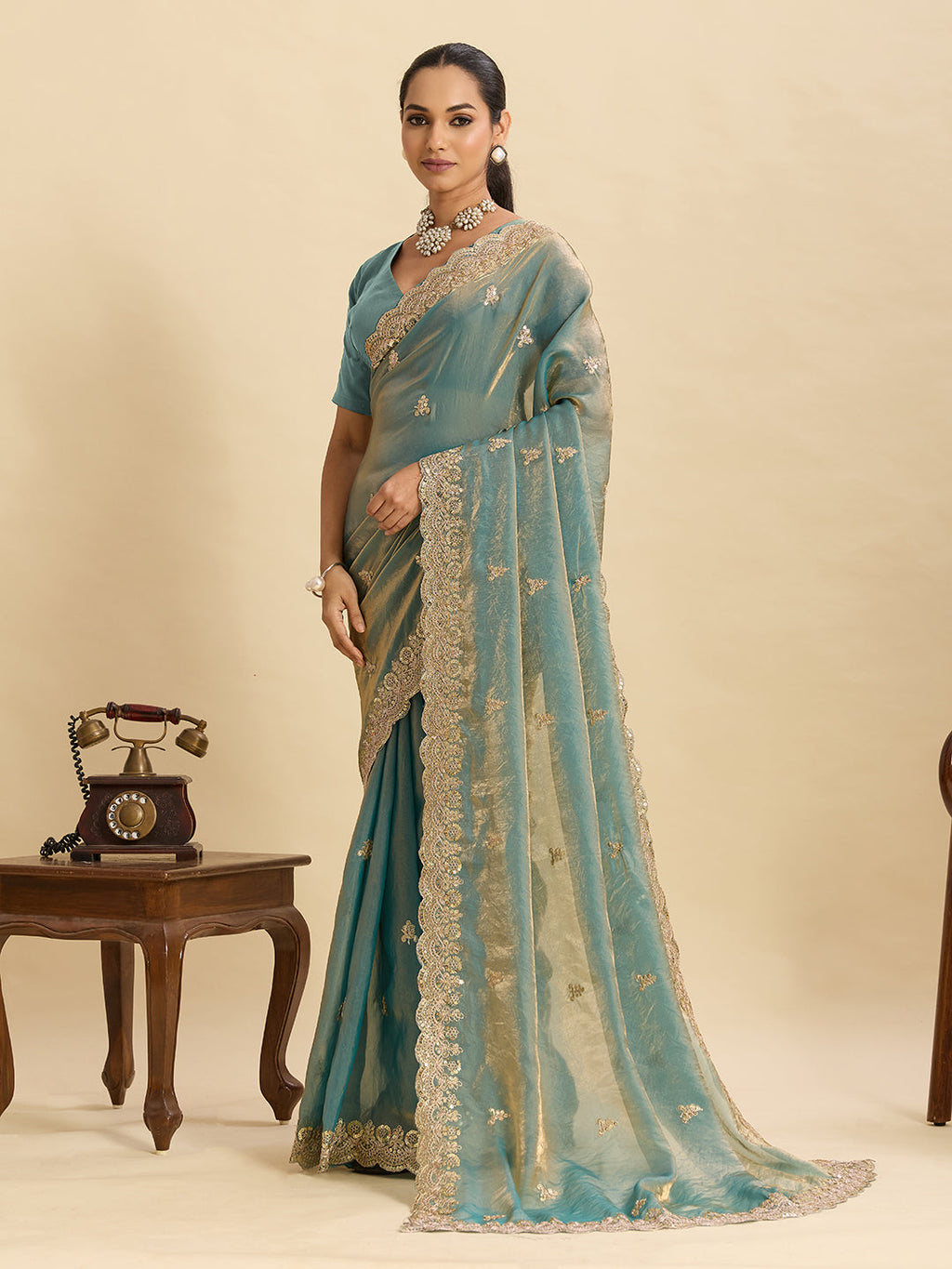 Seagreen Fendy Satin Saree with Embroidery and Double Sequence