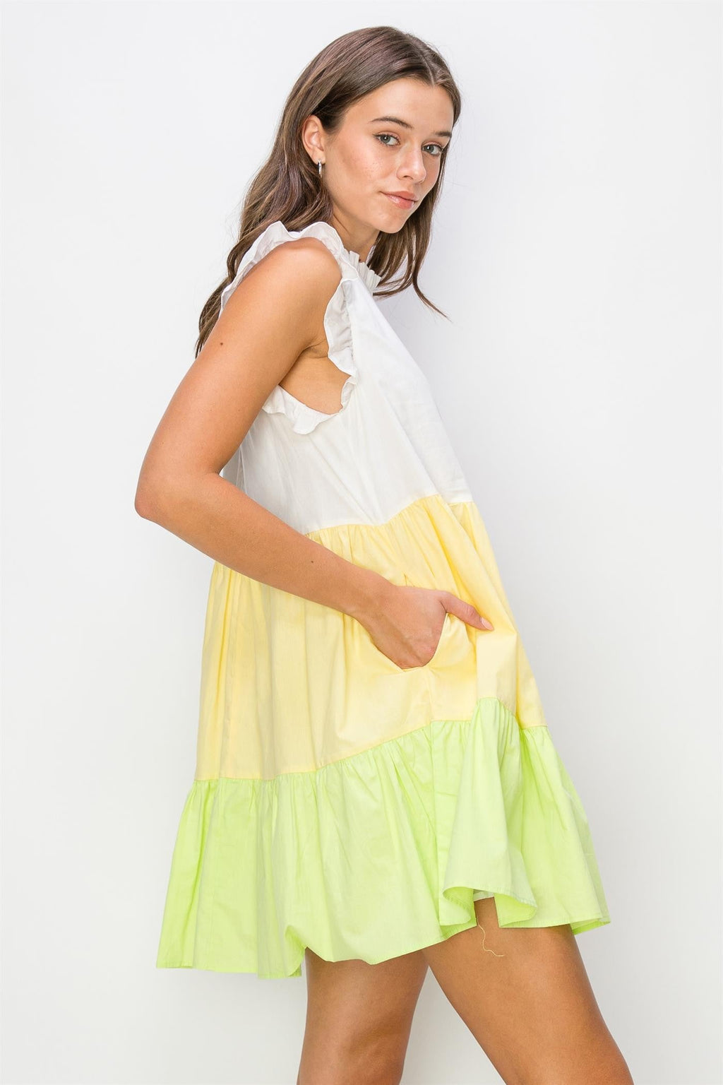 Yellow Multi Poplin Color Block Mini Dress with Ruffle Sleeves - Image 3