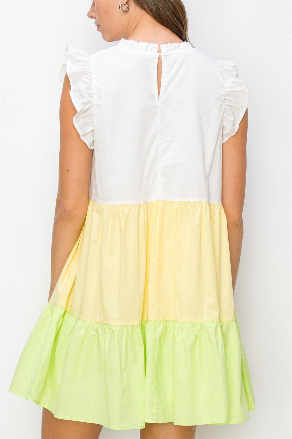Yellow Multi Poplin Color Block Mini Dress with Ruffle Sleeves - Image 4