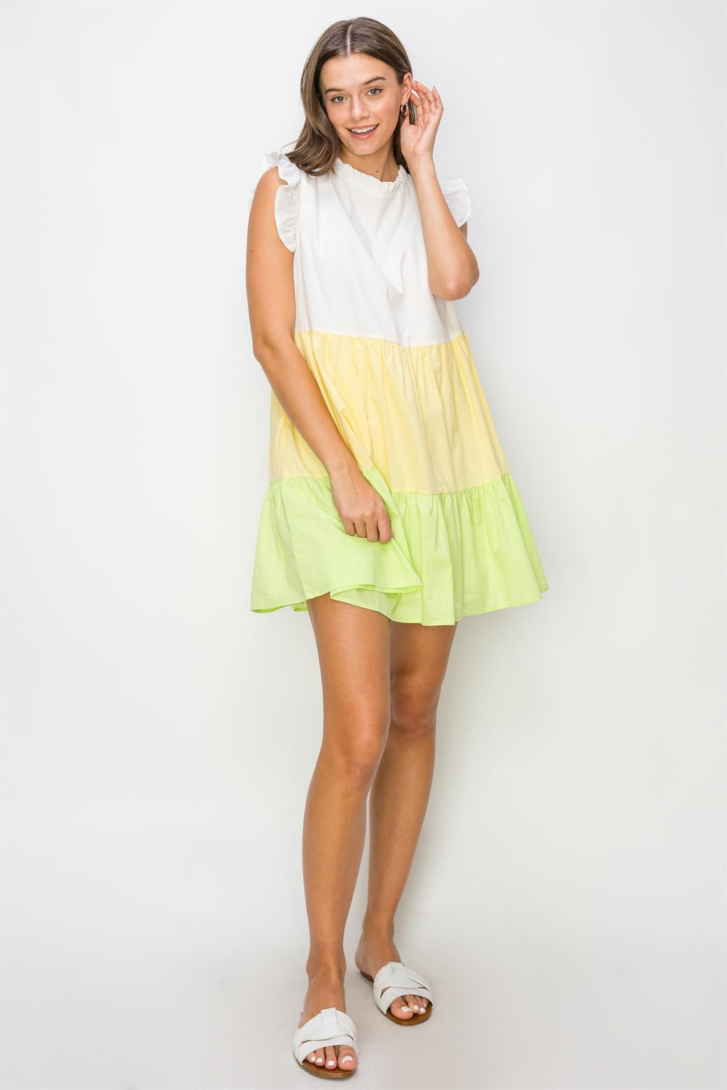 Yellow Multi Poplin Color Block Mini Dress with Ruffle Sleeves - Image 2