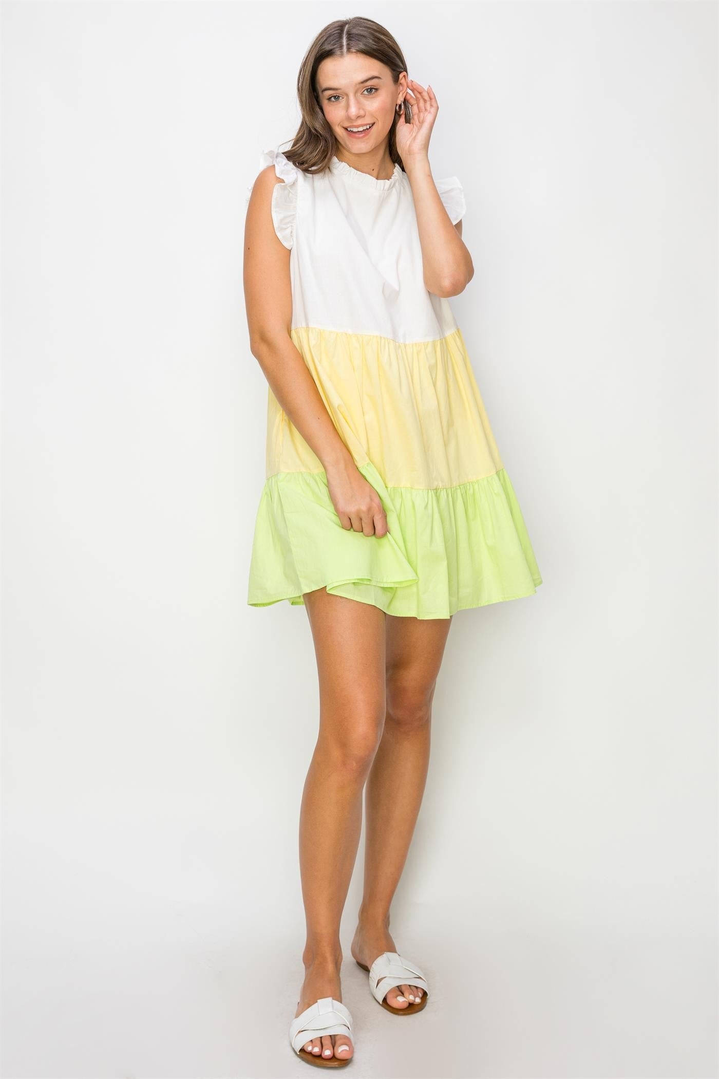 Yellow Multi Poplin Color Block Mini Dress with Ruffle Sleeves - Image 2