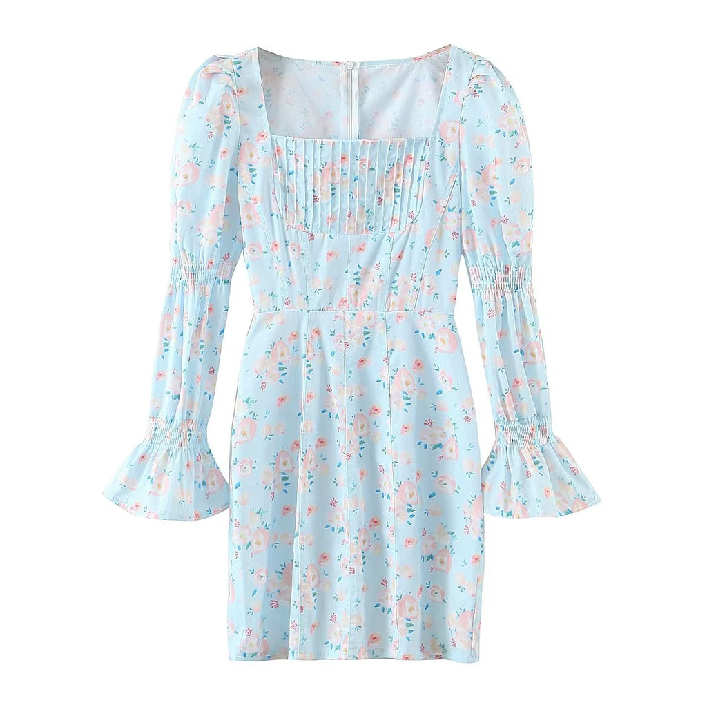 Summer Women Clothing Blue Background Floral Print Chest Pleated Flared Sleeve Square Collar Sheath Dress