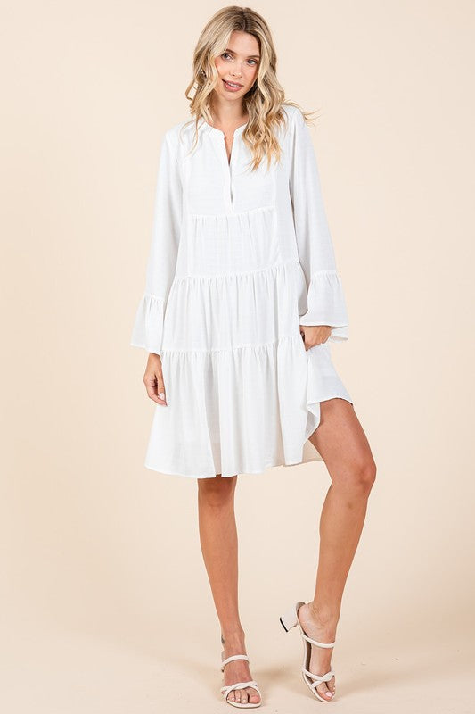 Tiered Notched Flare Sleeve Dress in White