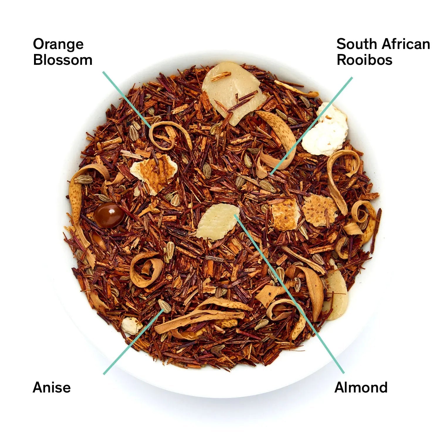 Biarritz Orange Amaretto Rooibos tea blend in a black branded pouch next to a bowl of loose leaf tea ingredients.
