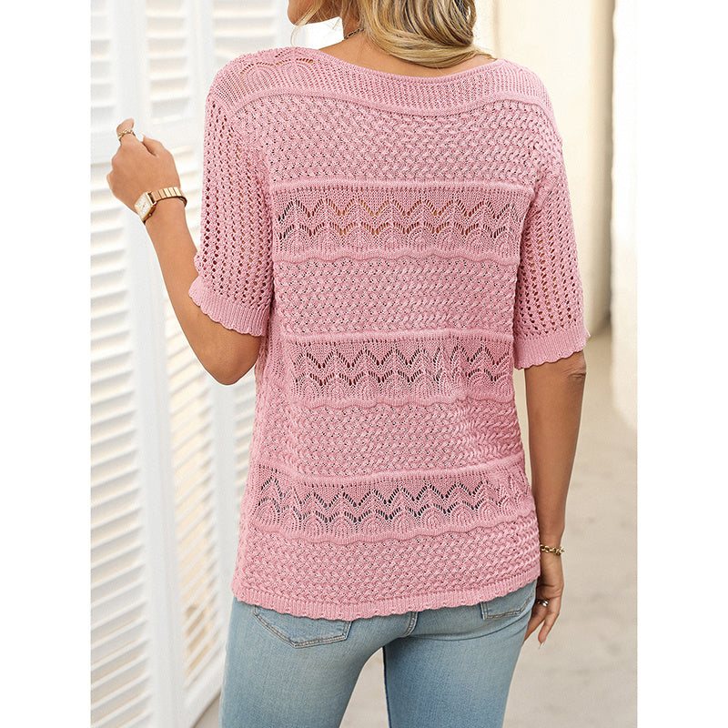 Women’s Short Sleeve Crochet Knit Hollow-Out Crew-Neck Top